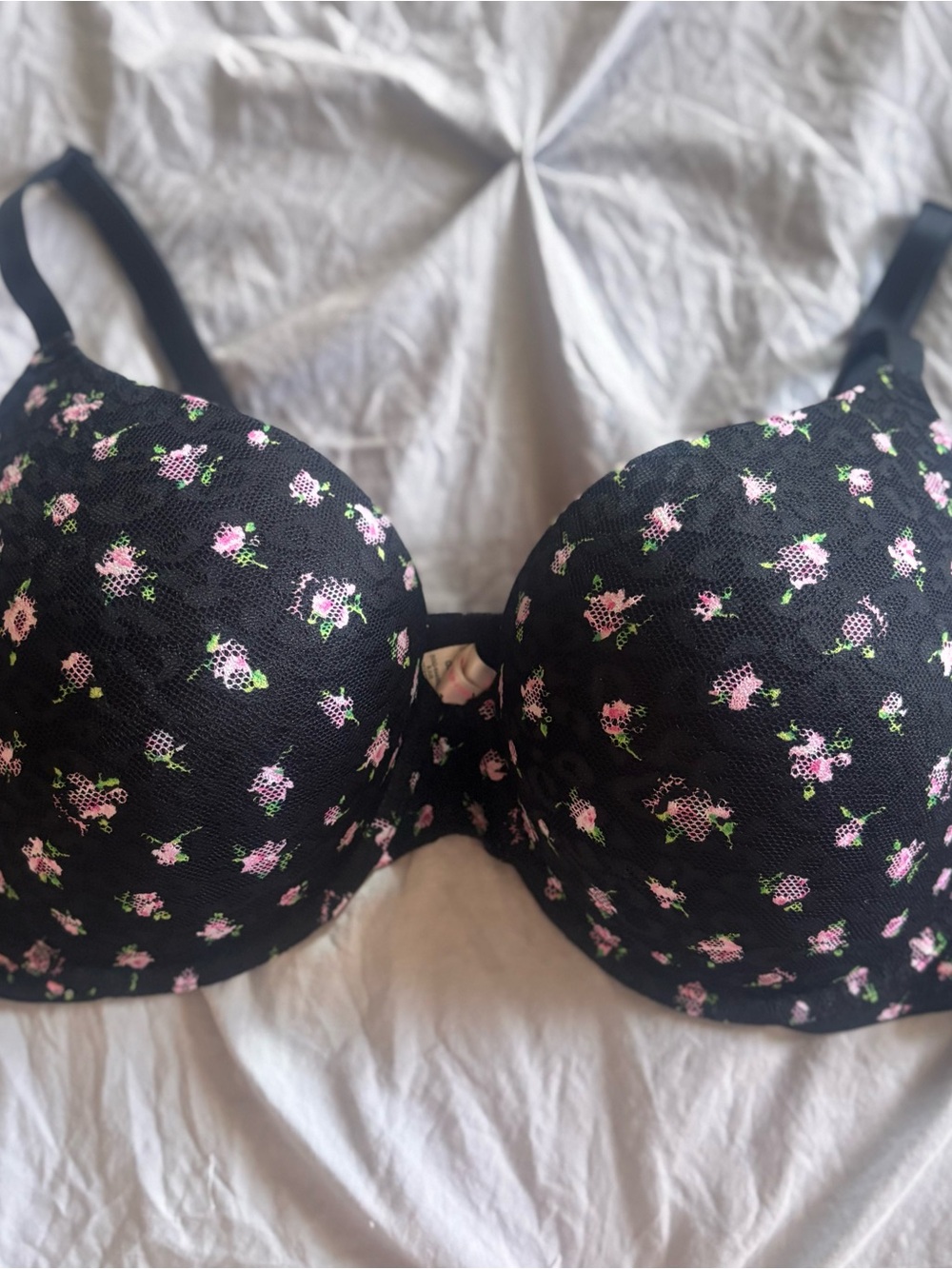 Victoria's Secret Black Bra with Pink Floral Lace Accents
